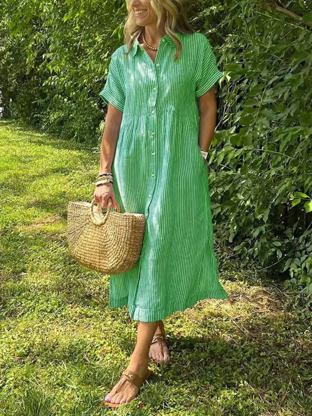 Women's Green Striped Collared Short-Sleeve Relaxed Maxi Shirt Dress